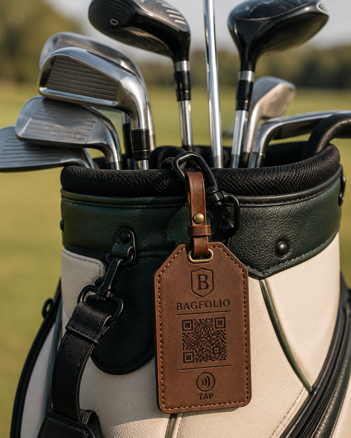 Golf bag with Bagfolio leather tag attached